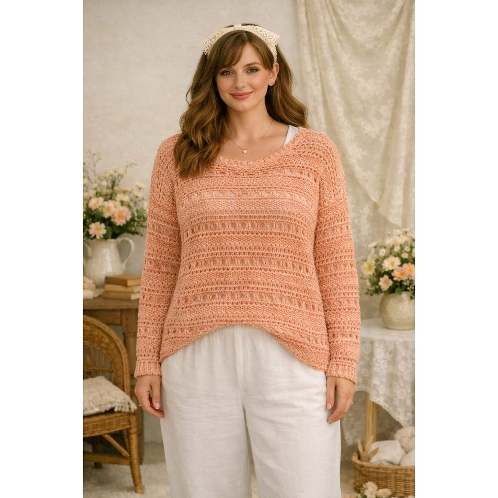 Talbots Cotton Sweater Top Women's Medium Orange White Open Weave Beachy Relaxed